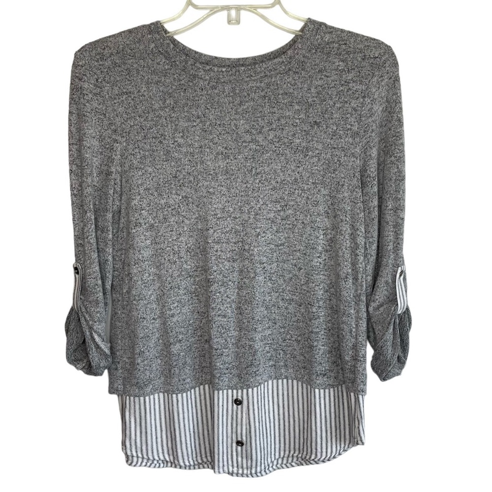 Monteau Preppy Classic Gray Crewneck Roll Tab Layered Sweater Top Blouse - Picture 2 of 8